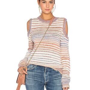 Rebecca‎ Minkoff Page Merino Alpaca Blend Chalk Stripe Cold Shoulder Sweater C32